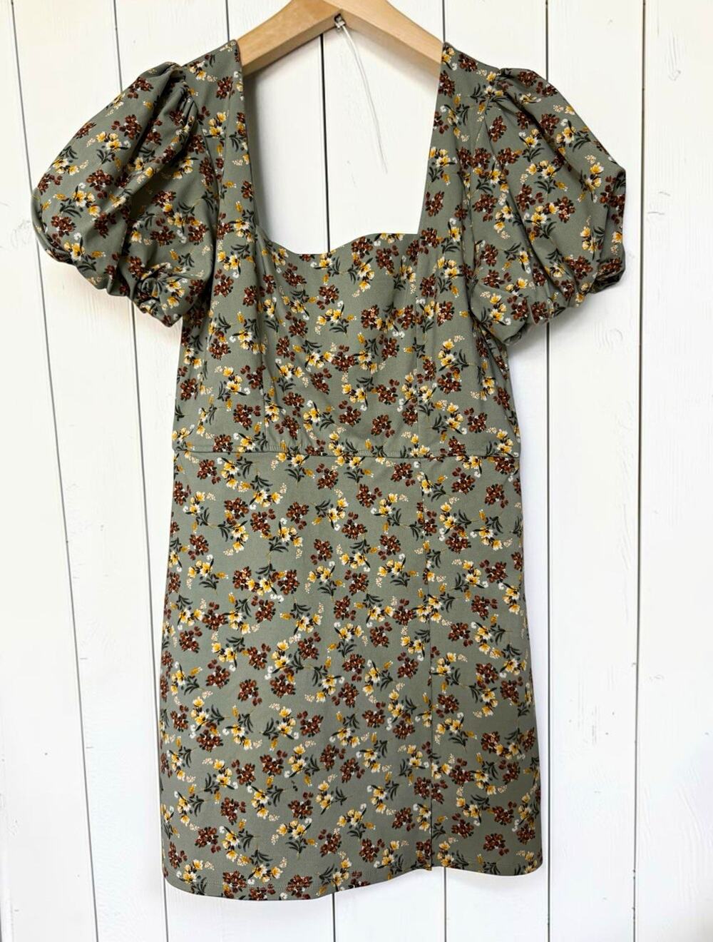 NWT Trixxi Women's Green Floral Puff Sleeve Square Neck Mini Dress Lined Size XL